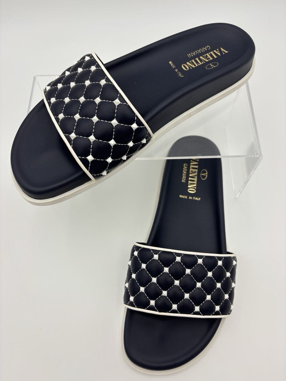 Valentino Garavani Lovestud Rockstud Slides Sandals Navy Blue White Size 38 Stud